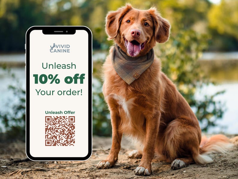 A retriever dog sitting on a dirt path, with a smartphone displaying a 10% off order offer