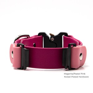 A pink fi-compatible quick-release dog collar with black hardware, including buckles and clips, is shown against a white background.