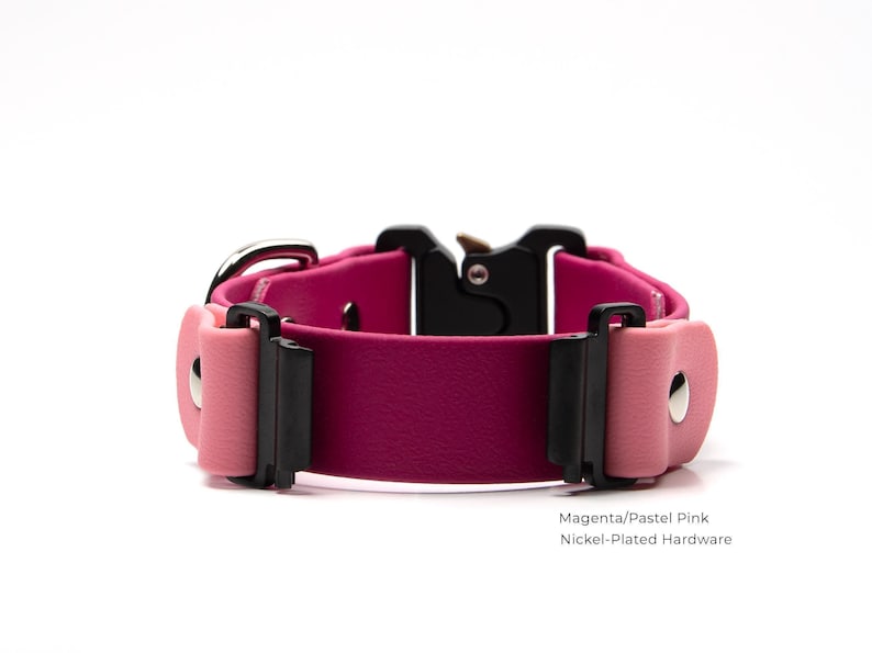 A pink fi-compatible quick-release dog collar with black hardware, including buckles and clips, is shown against a white background.