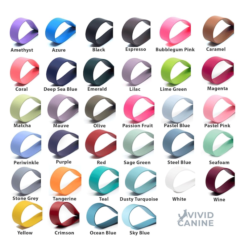 Vivid Canine BioThane® color chart showing all available color options for BioThane® Gear