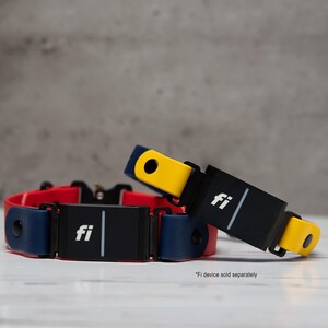 Two colorful, fi-compatible quick-release dog collars displayed against a gray background.