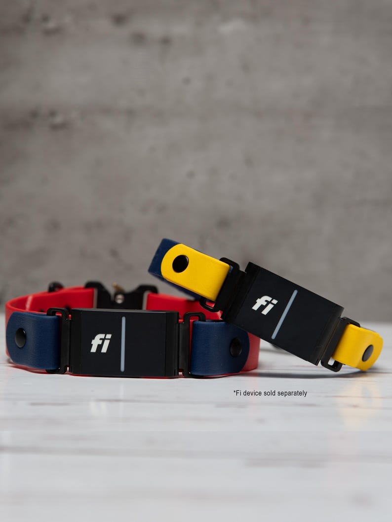 Two colorful, fi-compatible quick-release dog collars displayed against a gray background.