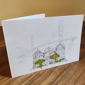 Lámina artística de San Francisco - Dibujo del puente Golden Gate - Boceto de casas victorianas - Arte de California - Tarjeta hecha a mano - Regalo de la Costa Oeste - Tarjeta de felicitación