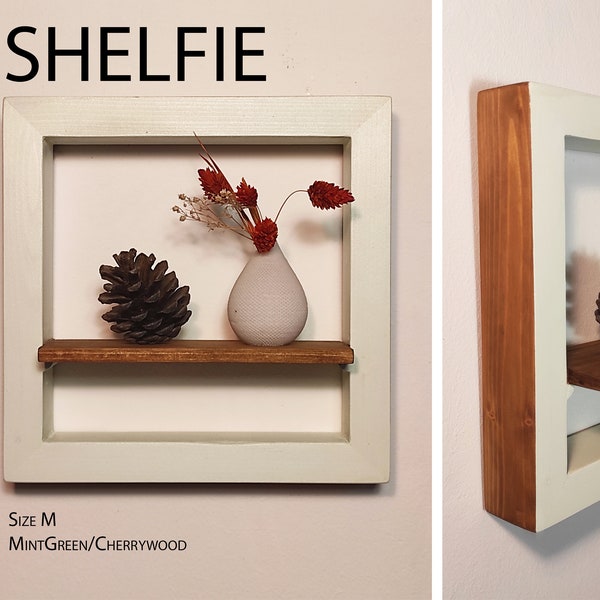 SHELFIE, elegant Framed-Shelf, floating Shelf, MintGreen/Cherrywood, Handmade, Decoration, Bedroom, Living, Dining, Bathroom