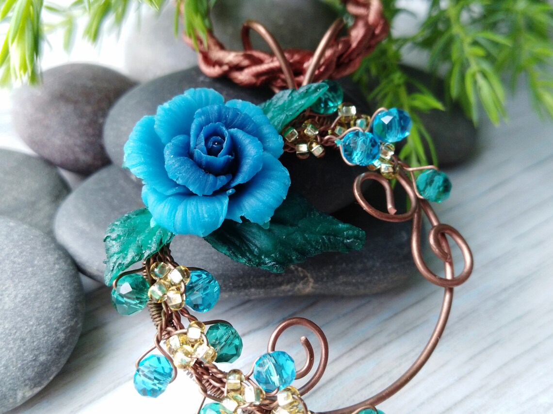Blue rose necklace flower pendant Etsy