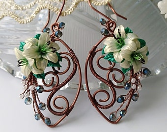 White Lily Earrings Dangle - Flower Clay Earrings - Copper Wire Wrapped Jewelry