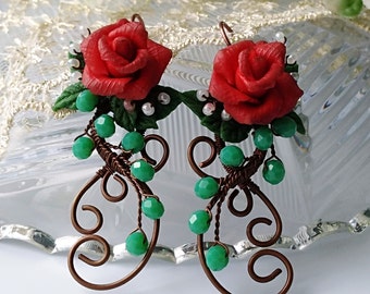 Red Rose Earrings Dangle - Flower Clay Earrings - Copper Boho Jewelry