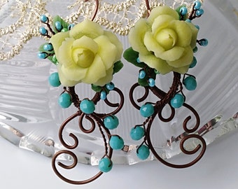 Yellow Rose Earrings - Flower Clay Earrings Dangle - Boho Copper Jewelry