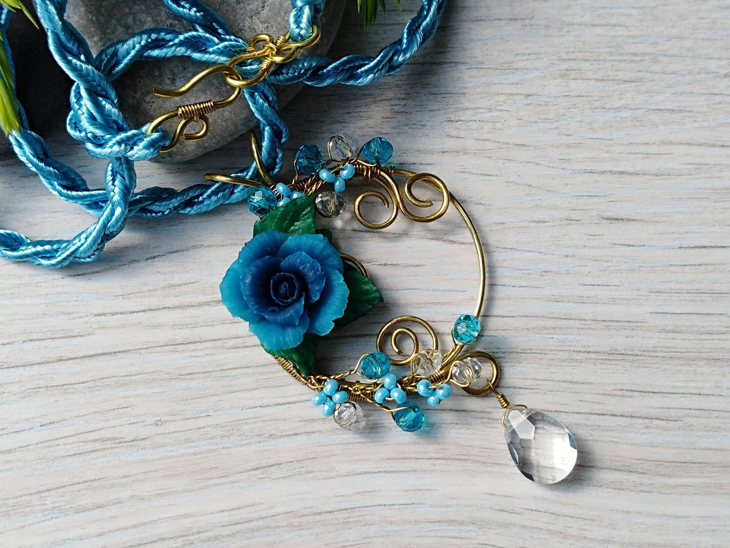 Blue rose necklace flower pendant Etsy