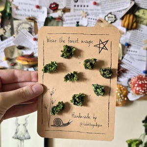 Op de afbeelding: Een rechthoekige beige kaart met zeven kleine, getextureerde mosgroene oorknopjes. De kaart bevat de handgeschreven tekst "Wear the forest magic" met een stersymbool, een tekening van een slak en "Handmade by @labottegadipan".