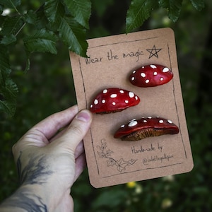 Mushroom Pins - mushrooms,goblincore,cottagecorefashion,faecore,pins,cozy,woodland,hobbitcore,fairytales,cosyaccessories,jewerly,flyagaric