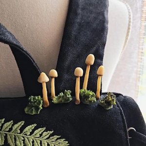 Può includere: Un indumento in tessuto nero con cinque piccole figure di funghi di colore chiaro e macchie di consistenza verde simile al muschio attaccate alla superficie. Sotto i funghi, una grande foglia di felce verde è ricamata sul tessuto nero.