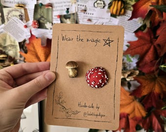 Porcino and amanita pins-mushrooms,goblincore,cottagecorefashion,faecore,pins,cozy,woodland,hobbitcore,fairytales,fall