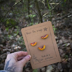 Gemmed amanita pins - mushroom,hobbitcore,goblincore,cottagecorefashion,autumn,fallvibes,forestfairyfashion,pin,fantasy,cozyfashion,cozy
