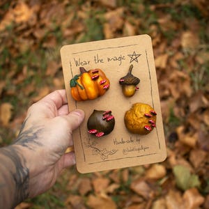 Può includere: Una collezione di spille fatte a mano a tema autunnale, con una zucca, una ghianda e altre forme autunnali, ognuna decorata con piccoli funghi rossi. Le spille sono esposte su una scheda marrone con il testo "Wear the magic".