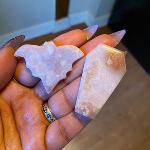 Small Pink Flower Agate Bat with Coffin Two Piece Set, Flower Agate Carvings, Two Piece Set, Gemmy Gems