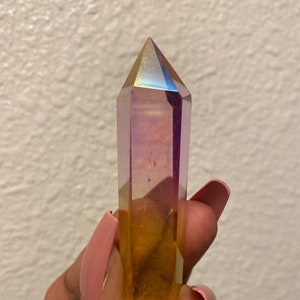 Pink Yellow Aura Quartz Tower, Self Standing, Sunset Aura, Pink, Yellow, Aura Quartz Crystal Tower, Gemmy Gem