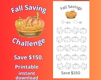 Op de afbeelding: Een printbare herfst-spaaruitdaging met een taart en pompoenen. De uitdaging is om € 150 te sparen door de pompoenen in te kleuren. Elke pompoen is € 5 of € 10 waard.