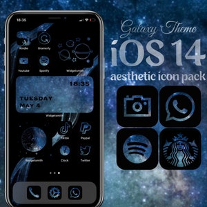Puede incluir: Una captura de pantalla de un iPhone con un paquete de iconos estéticos iOS 14 con temática de galaxia. Los iconos son negros con un diseño de galaxia e incluyen aplicaciones como Cámara, Whatsapp, Spotify y Starbucks.