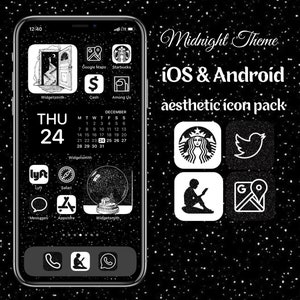iOS Midnight Theme, Aesthetic App Icon Pack für iPhone, 300 Black Glitter und White Covers für den Wechsel zum Home-Bildschirm