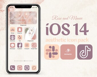 Ios 14 Rose and Mauve Icons, Aesthetic Iphone App Icon Bundle, Peach, Purple and Pink Colors Theme Pack, Natural app icons