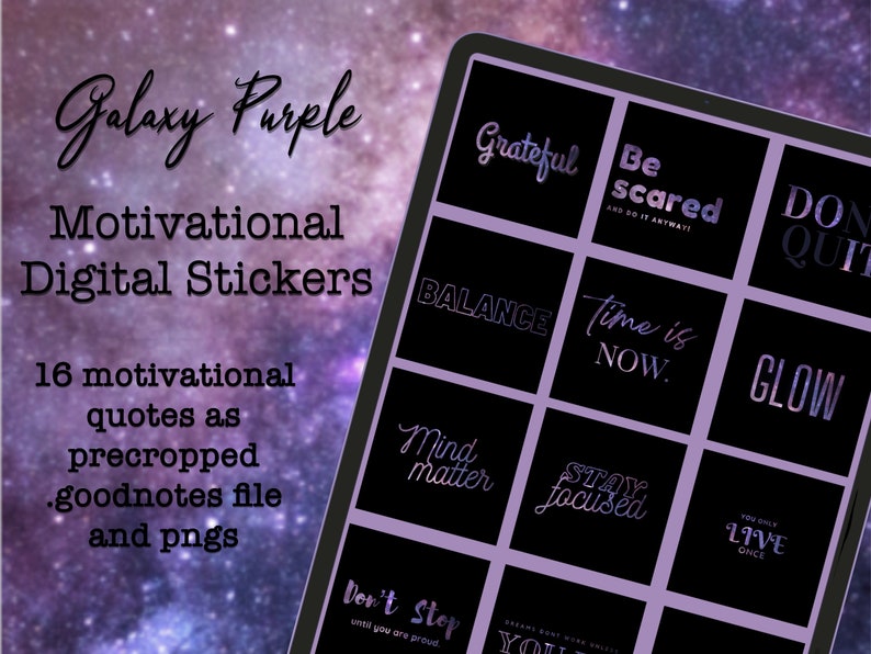 Digitale Sticker motivational quotes lila galaxy, für iPad Planner, Goodnotes, Notability, PDF Planners Bild 1