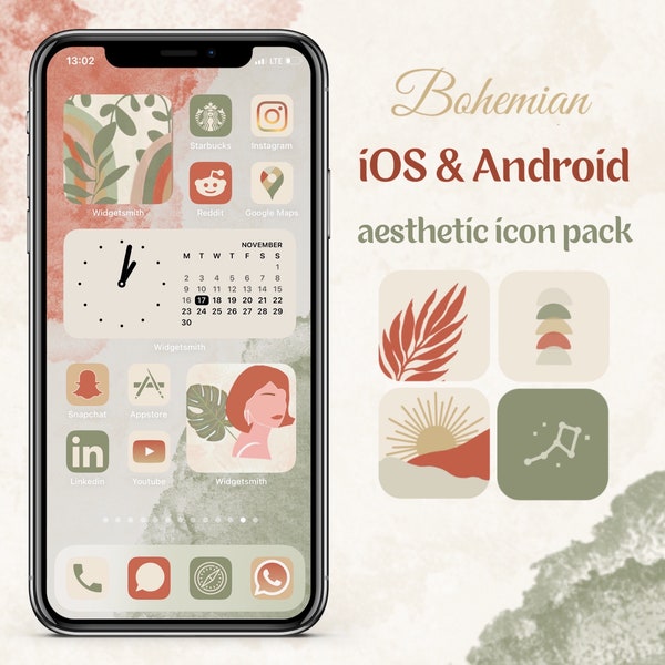 Bohemian iOS Icon Theme Pack | Boho Aesthetic Home Screen | Abstract App Icon Bundle| Boho Style Covers, Wallpaper & Widgets for Android