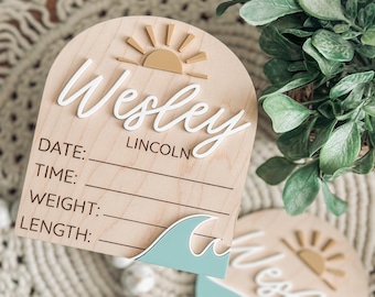 Ocean Waves Birth Stats Board, Baby Name Announcement, Birth Announcement, Name Sign, Baby Name Sign, Baby waves, Nautical, Sunshine