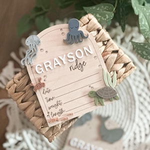 May include: A wooden birth announcement sign with the name "Grayson Ridge" in white letters. The sign is decorated with sea creatures, including an octopus, jellyfish, crab, and turtle. The sign includes spaces to record date, time, weight, and length.