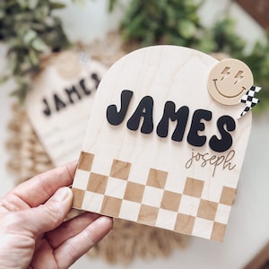 Checkered Retro Baby Birth Stats Board, Baby Name Announcement, Birth Announcement, Name Sign, Baby Boy Name Sign