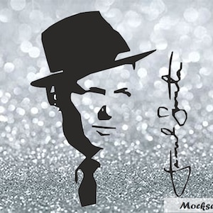 May include: Black and white silhouette of a man wearing a fedora hat. The man's face is visible and he is looking to the right. The man's signature is written in cursive to the right of his face.