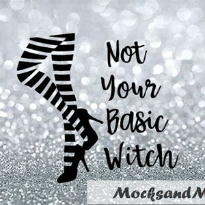 Puede incluir: Piernas de bruja rayadas en blanco y negro con tacones altos y el texto "Not Your Basic Witch" sobre un fondo de purpurina plateado.