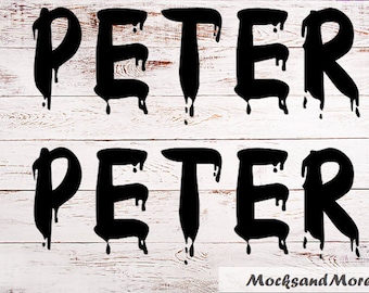 May include: The name "PETER" is written twice in black dripping paint on a white wood background.
