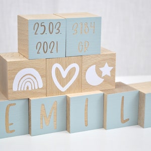 Wooden cubes, wooden letters, present for baptism or birth