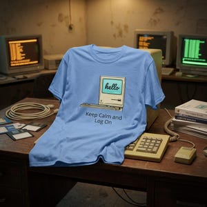 May include: A light blue t-shirt featuring a retro computer graphic with the word "hello" on the screen. Below the graphic, the text reads "Keep Calm and Log On". The shirt is displayed on a wooden desk with vintage computer equipment.