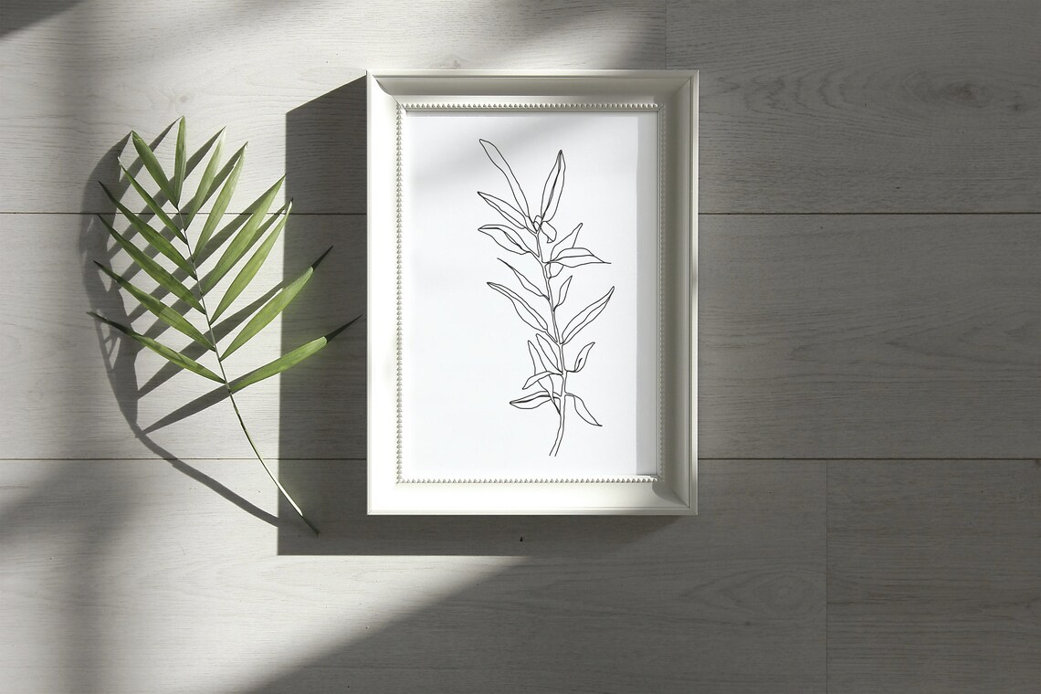 Leaves wall art print Black white printable Plant line Etsy