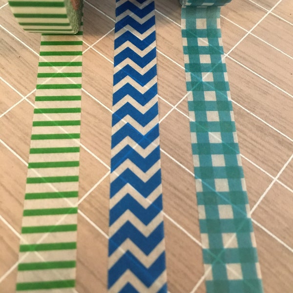 Washi Tape Sample | Green Stripes, Blue Zig Zags, Turquoise Buffalo Check Washi Tape