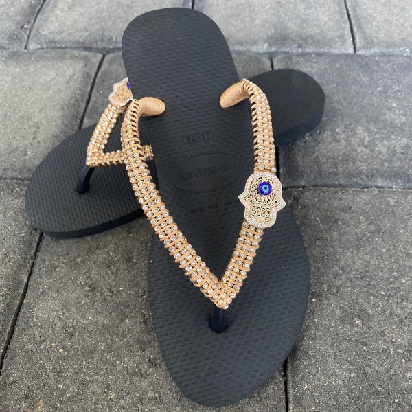 Customized hamsa and evil eye flip flops, black design, jeweled sandals, bridal, bridesmaid, wedding, cruise