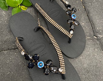 Customized evil eye flip flops, black design, jeweled sandals, bridal, bridesmaid, wedding, cruise