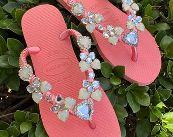Flamingo decorated Flip Flops: Rhinestone, bling and Pearl Applique Sandals