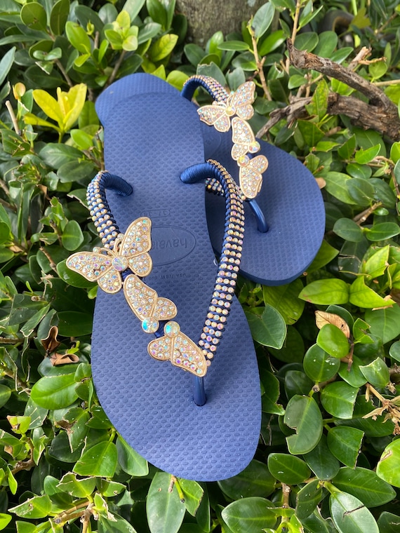 Wedding Shoes Navy Bling Flip Flops Women's Luxury Aqua Slim Flip