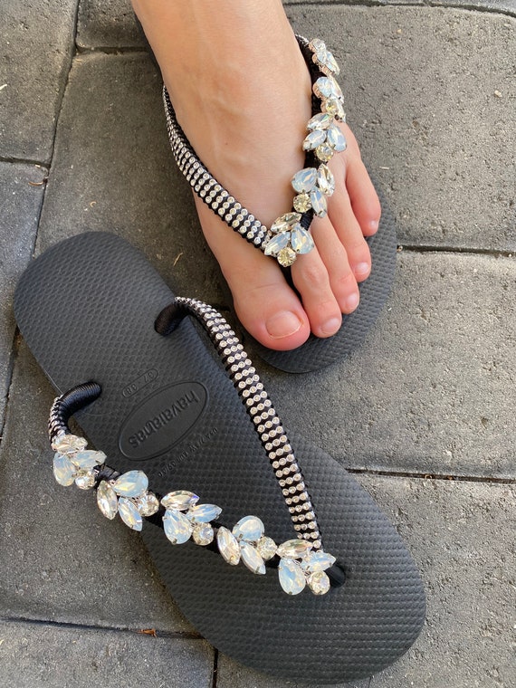 Perfect Black Custom Flip Flops, Anchor, Bling, Shoe Clip, Bridal