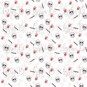 Puede incluir: Un fondo blanco con un patrón repetido de una máscara de hockey, huellas de manos ensangrentadas y cuchillos. El patrón es un tema de Halloween.