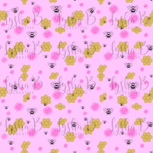 May include: A repeating pattern on a pink background featuring bees, honeycomb, and pink roses. The bees are black and white, the honeycomb is gold, and the roses are a soft pink. The text "Lysha B Creative" is also present.