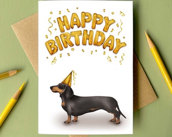 Dachshund Gold Birthday Greetings Card, 5x7 Inches, Sausage Dog Greetings Card