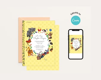 May include: A yellow baby shower invitation card featuring a Little Golden Book theme with illustrations of an elephant, lion, train, and other animals. The text reads A New Chapter Begins. A smartphone displays the same design, and a peach envelope is included.
