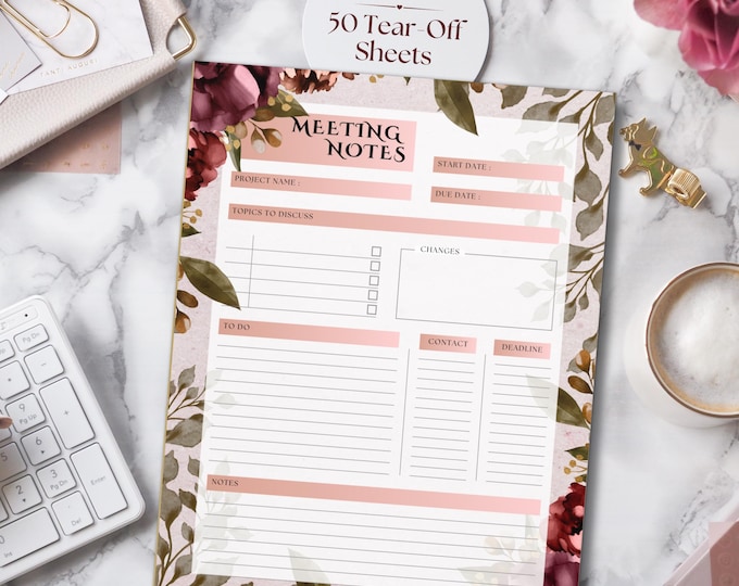 Featured listing image: Floral Meeting Notes Pad 8.5x11, Tear Away Planner Notepad, Botanical Work Organizer for Women, Aesthetic Office Desk Pad, Made in USA