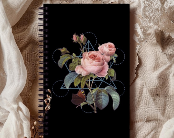 Featured listing image: Vintage Floral Sacred Geometry Spiral Notebook, Dotted Bullet Journal, Pink Roses & Merkaba Star Tetrahedron Journal, Gift Made in USA