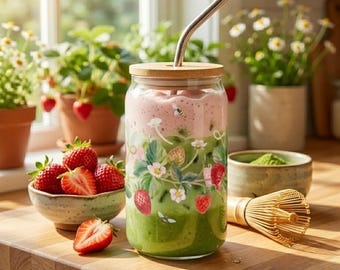 Vintage jordgubb botanisk nyckfull iskaffekopp | 47 cl glasburk med bambulock och metallsugrör, födelsedagspresent