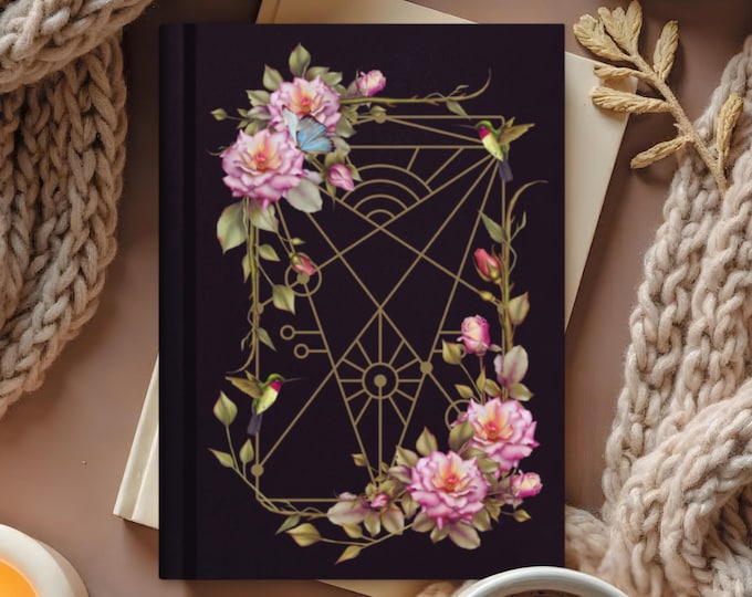 Featured listing image: Sacred Geometry Lined Notebook, Portable A5 Hardcover Journal with Vintage Roses and Magical Telemetry Map, Whimsical Gift, Made in USA